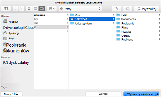 Zrzut ekranu przedstawiający wybieranie lokalizacji folderu w kreatorze OneDrive — Zapraszamy! na komputerze Mac