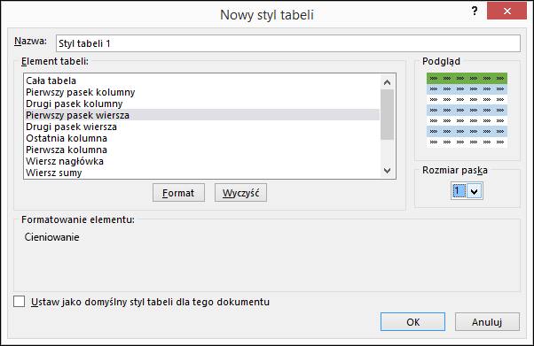 Opcje okna dialogowego Nowy styl tabeli do stosowania stylów niestandardowych do tabeli