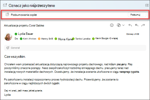 Wybierz pozycję podsumowania w funkcji Copilot, aby utworzyć podsumowanie wątku wiadomości e-mail.