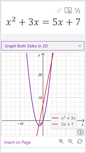 zrzut ekranu przedstawiający wykres matematyczny asystent wygenerowany dla równania x kwadrat plus 3 x równa się 5 x plus siedem. linia jest wyświetlana na czerwono, a parabola w kolorze fioletowym