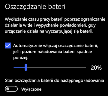 Obraz przedstawiający ustawienia funkcji oszczędzania baterii