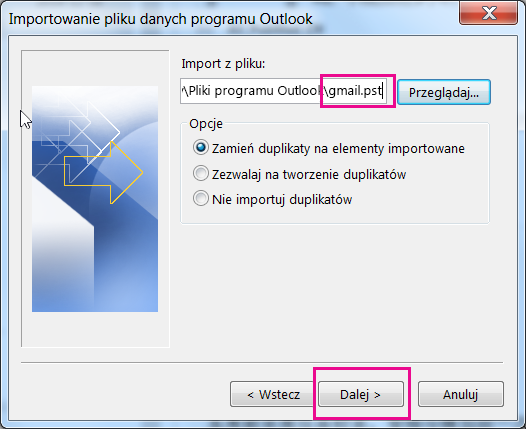 Wybierz utworzony plik pst w celu jego zaimportowania