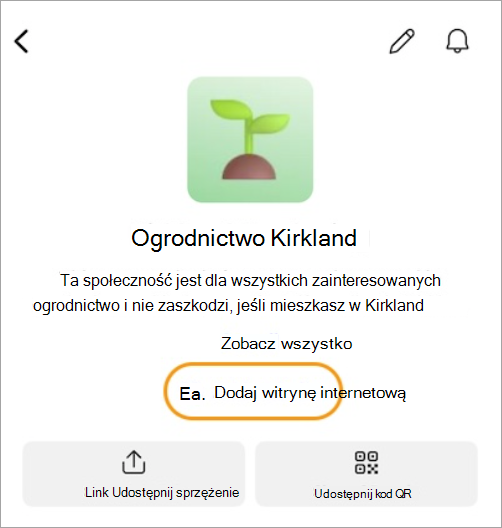 Wybierz pozycję Dodaj link w opisie społeczności, aby dodać link do witryny sieci Web.