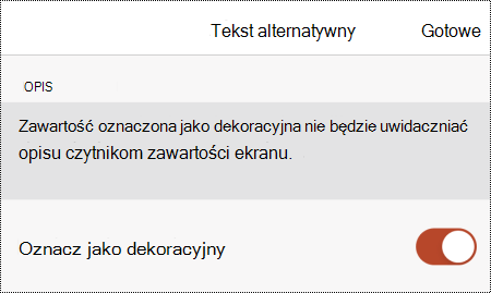 Opcja Oznacz jako dekoracyjną wybrana w oknie dialogowym Tekst alternatywny w programie PowerPoint dla systemu iOS.