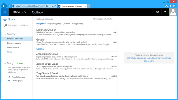 Po zaimportowaniu wiadomości e-mail z pliku pst pojawią się one również w aplikacji OWA