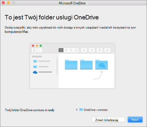 Zrzut ekranu To jest folder usługi OneDrive po wybraniu folderu w kreatorze OneDrive — Zapraszamy! na komputerze Mac