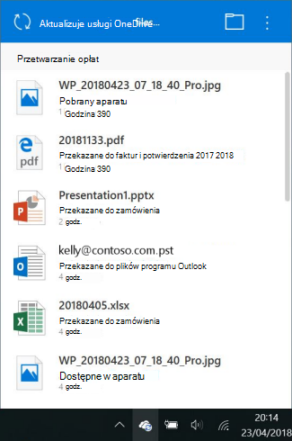 Ekran przetwarzania zmian w usłudze OneDrive