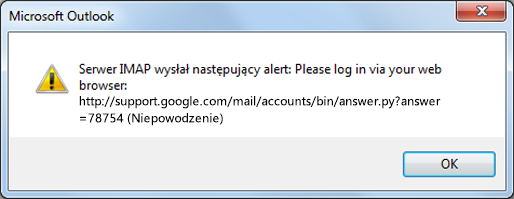 Jeśli zostanie wyświetlony komunikat o błędzie „Serwer IMAP wysłał następujący alert”, sprawdź, czy w usłudze Gmail włączono mniej bezpieczne ustawienia, aby umożliwić programowi Outlook dostęp do wiadomości.
