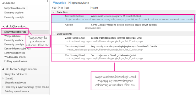 Po zaimportowaniu wiadomości e-mail do skrzynki pocztowej usługi Office 365 pojawią się one w dwóch miejscach.