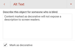 Okno dialogowe Tekst alternatywny z zaznaczonym polem wyboru Oznacz jako dekoracyjne w aplikacji PowerPoint dla systemu Android.