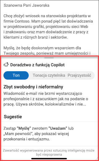 Sugestie rozwiązania Copilot dotyczące tonu, przejrzystości i odczuć czytelników w programie Outlook dla urządzeń przenośnych