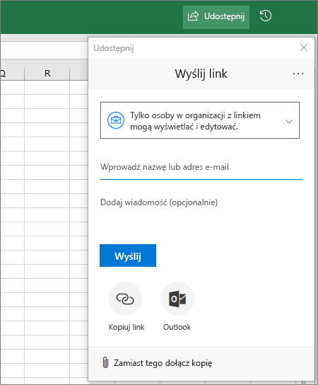 Okno dialogowe i ikona udostępniania w programie Excel