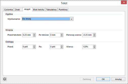 Okno dialogowe Odstępy akapitu w programie Visio.