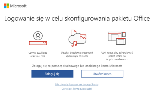 Przedstawia stronę „Logowanie się w celu skonfigurowania pakietu Office”, która może zostać wyświetlona po zainstalowaniu pakietu Office