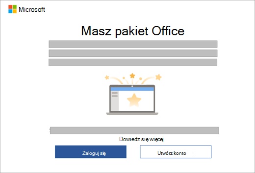 Pokazuje okno dialogowe, które wyświetla się w momencie otwarcia aplikacji pakietu Office na nowym urządzeniu z licencją pakietu Office.