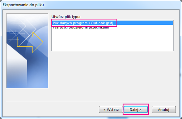 Wybierz pozycję Plik danych programu Outlook (pst), a następnie wybierz przycisk Dalej