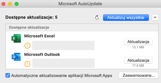 Obraz pulpitu nawigacyjnego programu Microsoft AutoUpdate z informacjami o aktualizacjach.