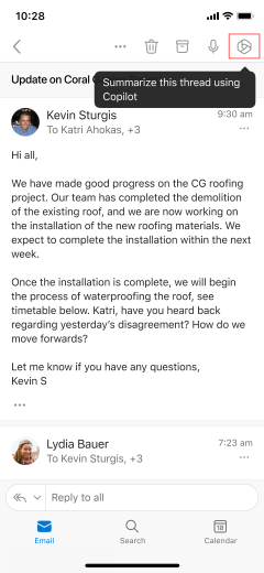 Ikona podsumowania funkcji Copilot w celu podsumowania wątku wiadomości e-mail w systemach iOS i Android.