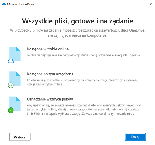 Ekran Pliki na żądanie w kreatorze OneDrive — Zapraszamy!