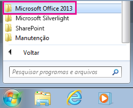 Office 2013 group under All Programs in Windows 7