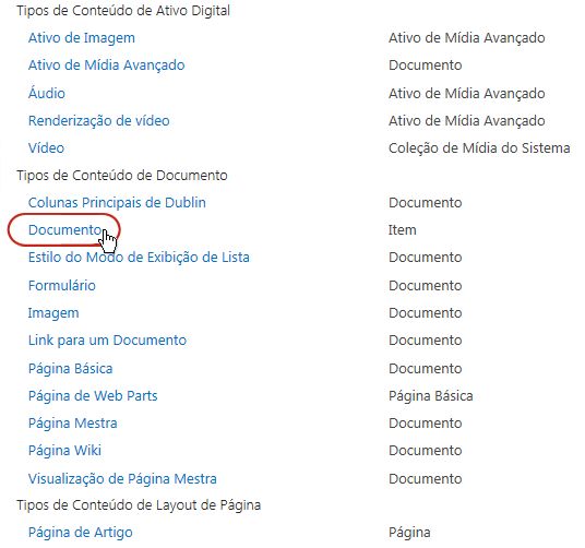 Tipos de Conteúdo de Documento com um tipo destacado