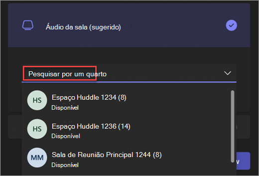 Captura de tela da opção de áudio da barra de pesquisa para sala na tela de pré-sessão da reunião do Teams.