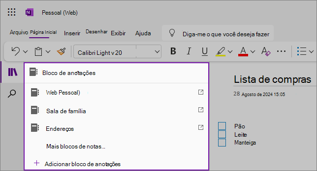 Captura de tela de exemplo da lista suspensa de notebooks do OneNote