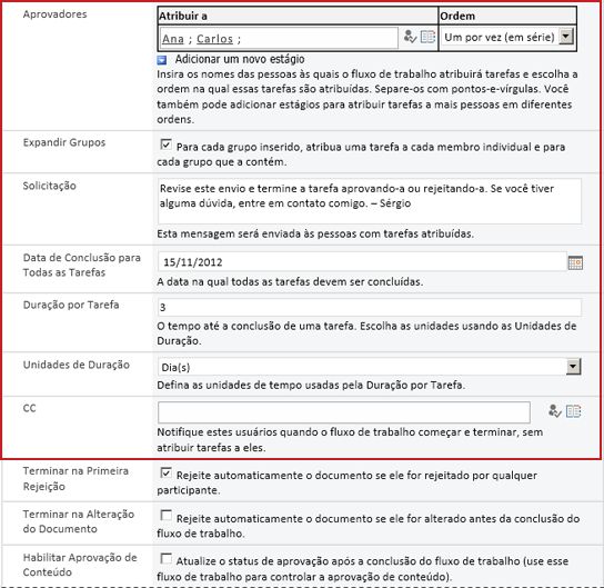 Formulário para inserir informações específicas à execução