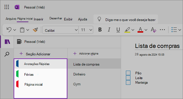 Visualização da interface do usuário do OneNote na Web mostrando a área de conteúdo