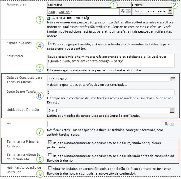 Valores padrão da adição de um fluxo de trabalho com campos destacados