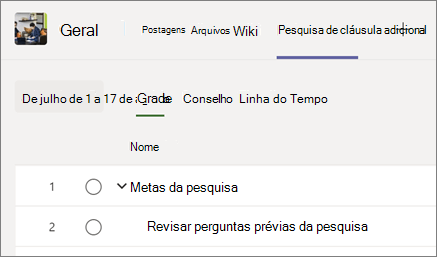 Captura de tela mostrando a guia Projeto ao lado de outras guias de canal do Teams