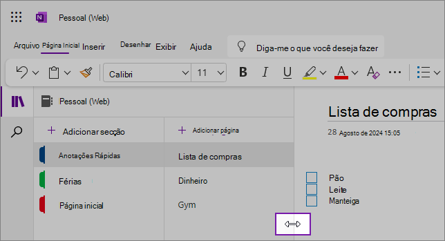 Capturas de tela mostrando como redimensionar os painéis de navegação do OneNote