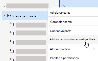 Captura de ecrã a mostrar a seleção para Adicionar pasta ou caixa de correio partilhada