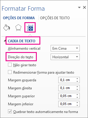 Selecionar a direção do texto no painel Formatar Forma