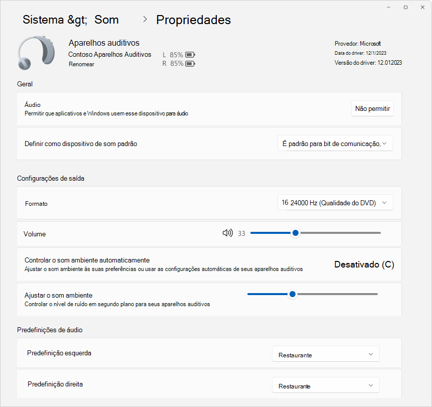 Captura de tela de Configurações > Propriedades de > de Som do Sistema > mostrando algumas opções disponíveis para configurar um dispositivo de aparelhos auditivos.