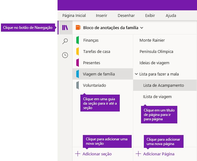 Seções e páginas no OneNote para Windows 10