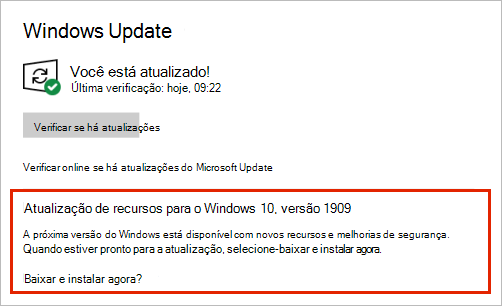 Windows Update a mostrar o posicionamento da atualização de funcionalidades