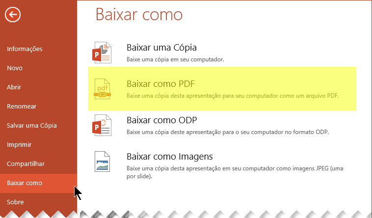 Selecione Arquivo > Baixar Como > Baixar como PDF