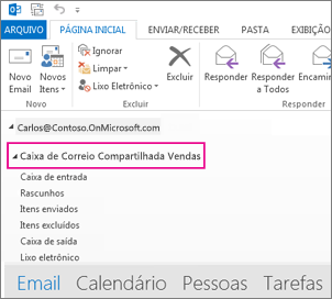 A caixa de correio compartilhada é exibida na Lista de Pastas do Outlook