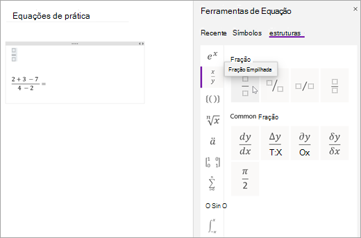 Selecione Estruturas e, em seguida, selecione uma categoria para procurar as estruturas matemáticas disponíveis.