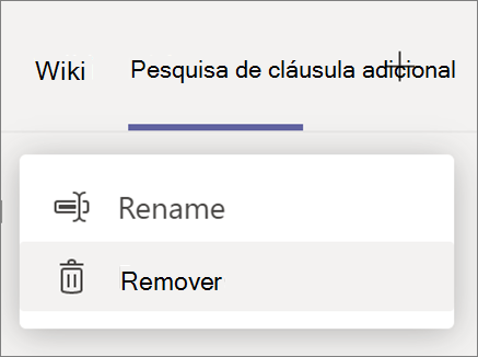 Captura de tela da guia suspensa mostrando renomear e remover opções