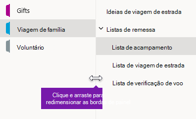 Redimensionar os painéis de navegação no OneNote para Windows 10