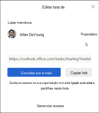 Pode optar por Convidar por e-mail ou Copiar ligação para partilhar a lista com outras pessoas.