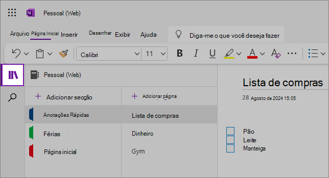 Visualização da interface do usuário do OneNote na Web mostrando a área de conteúdo