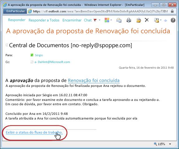 Notificação de conclusão do fluxo de trabalho com link de histórico destacado