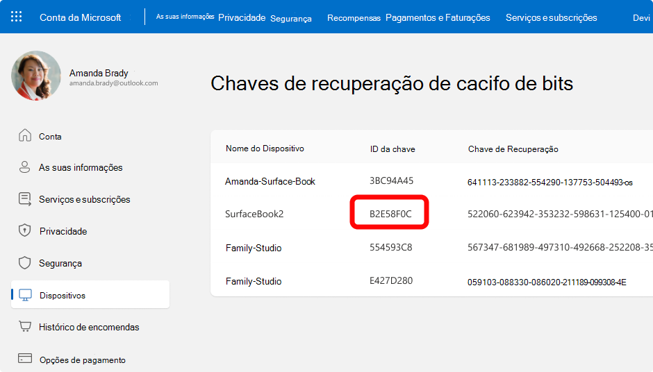 Captura de tela das chaves de recuperação do BitLocker para uma conta microsoft.