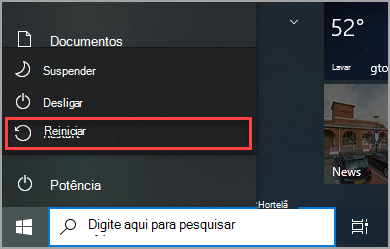 Onde encontrar a opção Reiniciar no menu Iniciar Windows 10.