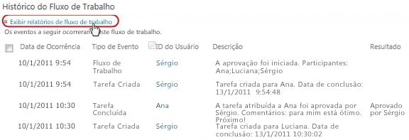 Clicando no link Exibir relatórios de fluxos de trabalho da seção Histórico do Fluxo de Trabalho