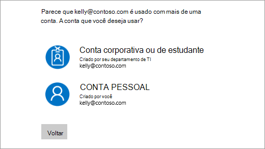 Tela de conexão com dois endereços de email