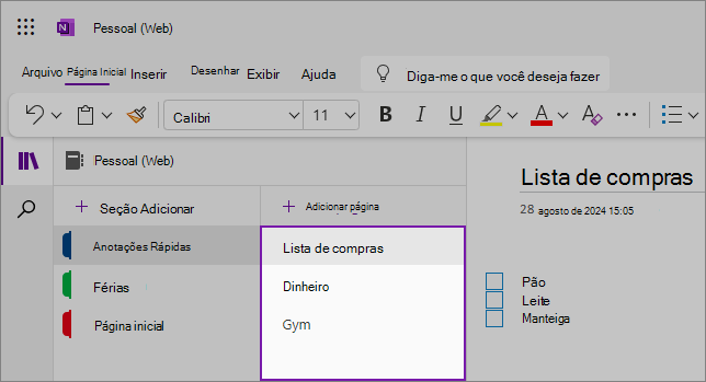 Visualização da interface do usuário do OneNote na Web mostrando a área de conteúdo